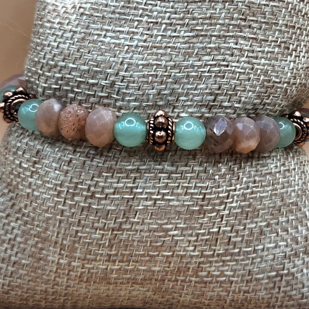 Peach Moonstone, Green Aventurine, and Copper Beaded Bracelet